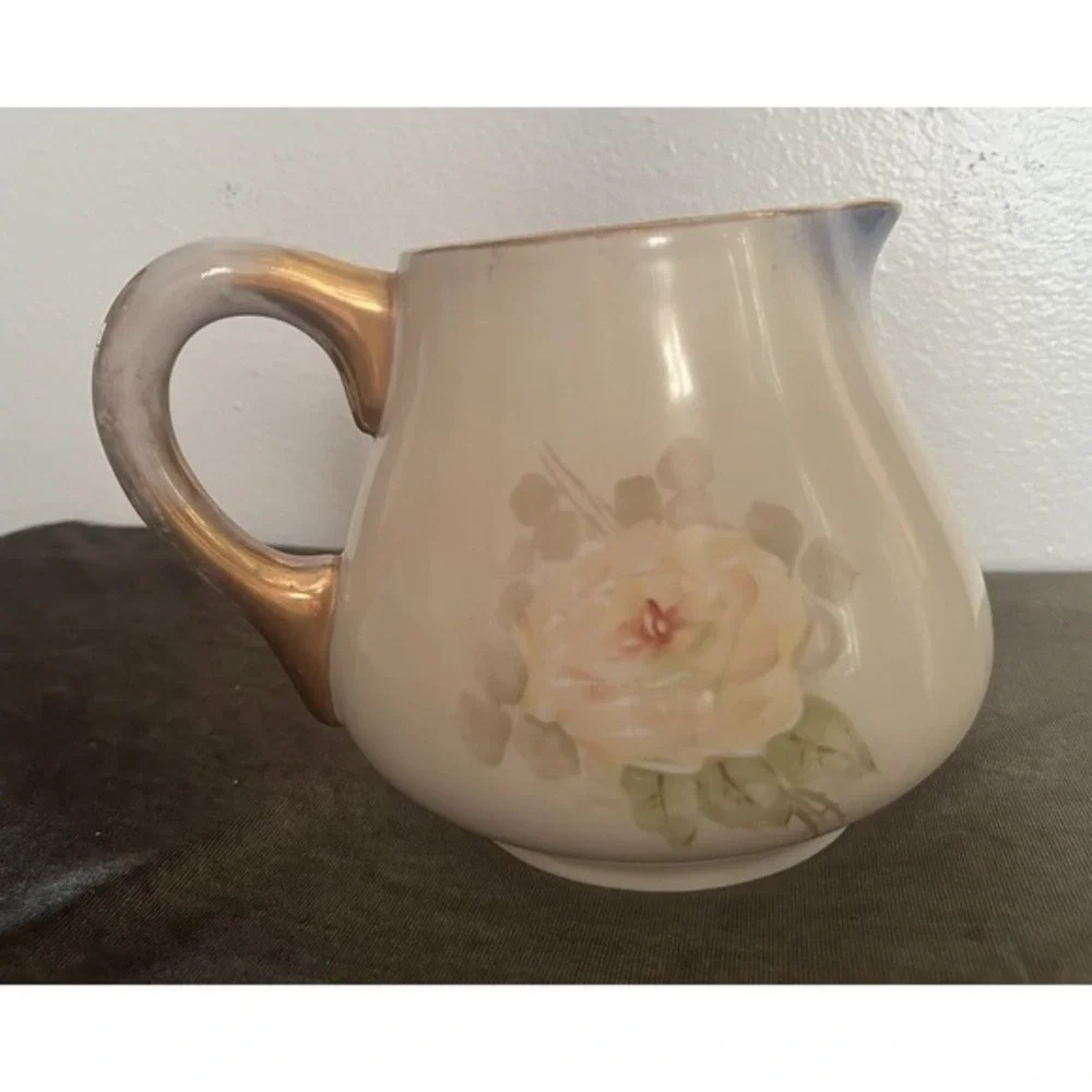 Antique B & M Limoges France Hand Painted Rose Drink Pitcher Gold Handle Collect